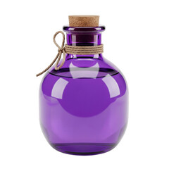 A purple glass bottle with a cork stopper and a metal clasp on a white background isolated on transparent background