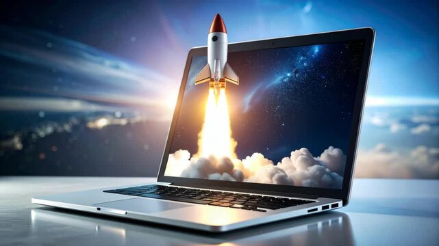 Laptop screen displays a rocket launching into space with bright flames and clouds