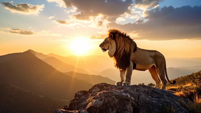 Majestic lion with full mane stands proudly on a rocky outcrop at sunset