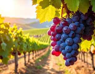Naklejka premium A lush vineyard with ripe purple grapes hanging from a vine