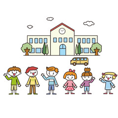 小学校の校舎の前に立って一列に並んでいる男女の子供達