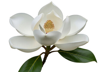 Fototapeta premium A single delicate white magnolia flower with green leaves isolated on transparent background