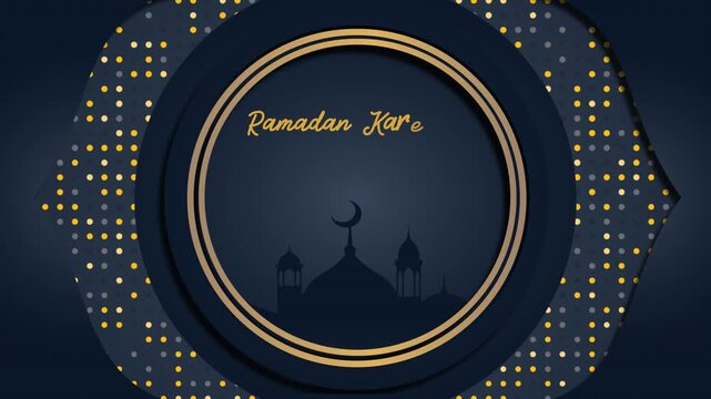 Ramadan Kareem background animation featuring a mosque crescent and circles. Animated text suitable for festive, social media posts, and greeting videos.