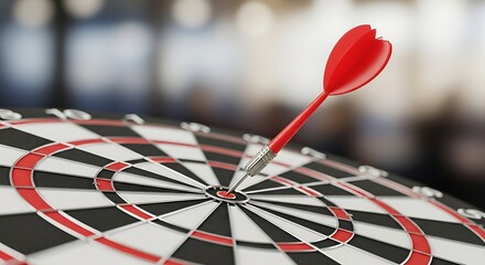 Red Dart Hitting Bullseye on Dartboard.