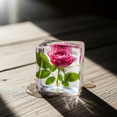 Pink Rose Encased in Clear Ice Cube.
