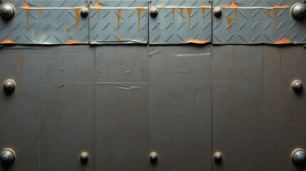 Stylized Industrial Grey Metal Panel Background with Hand-Painted Texture, Orange Rust Drips, Rivets, and Diamond Plate Detail for Game Environment or Graphic Design