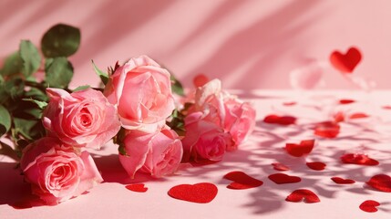 Fototapeta premium Romantic Arrangement of Pink Roses with Heart-Shaped Confetti on a Soft Pink Background Ideal for Celebrations and Special Occasions