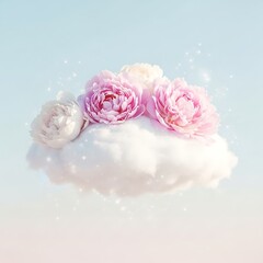 Pink Roses on White Cloud with Blue Sky.
