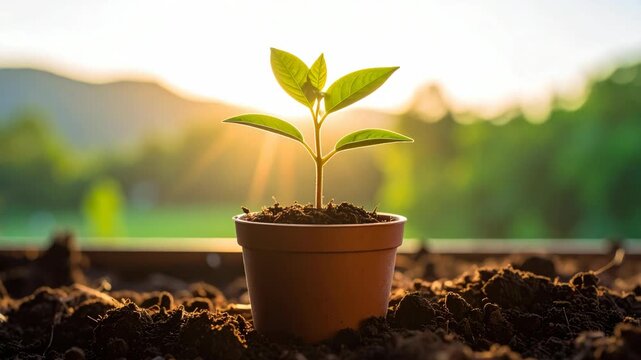 Young seedling growing in a pot with warm sunlight in the background