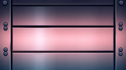 Stylized industrial metal panel texture background with vibrant blue and pink gradients, hand-painted art style with riveted plates, suitable for sci-fi or environment assets.