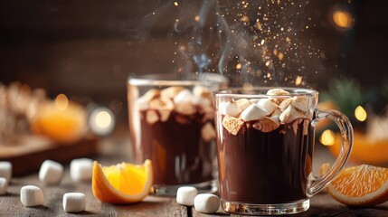 Cozy Winter Delight: Steaming Hot Chocolate with Marshmallows and Citrus Slices, Perfect for Festive Celebrations and Cold Evenings