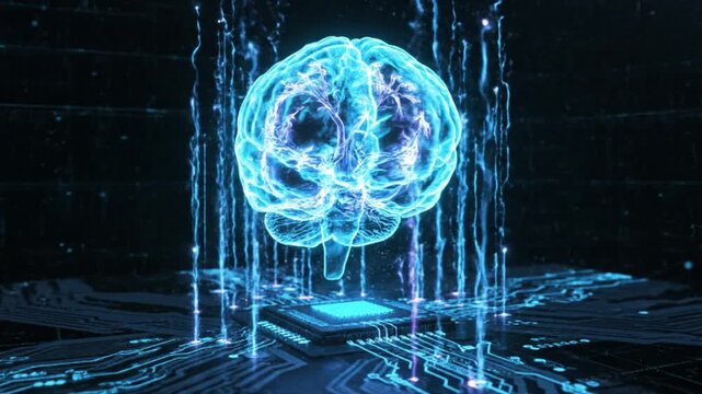 futuristic brain interface technology concept with glowing blue circuits and digital rain for business innovation and artificial intelligence marketing campaigns