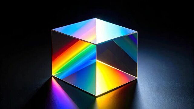 Glass cube refracts light into vibrant spectrum of rainbow colors on dark background