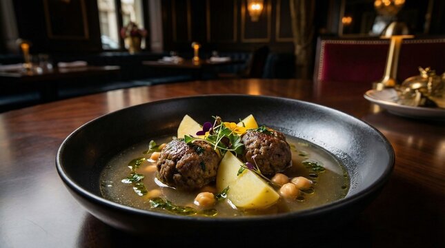 A hearty bowl of kufte bozbash and potatoes in a rich broth, served in a modern restaurant setting.