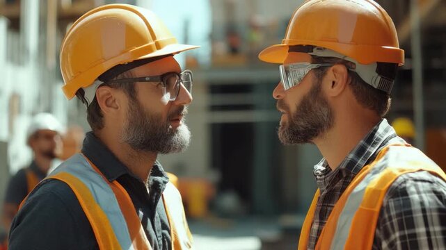 Building Site Discussion: Two construction workers, adorned in protective gear, engage in an intense discussion amidst the backdrop of a construction site.