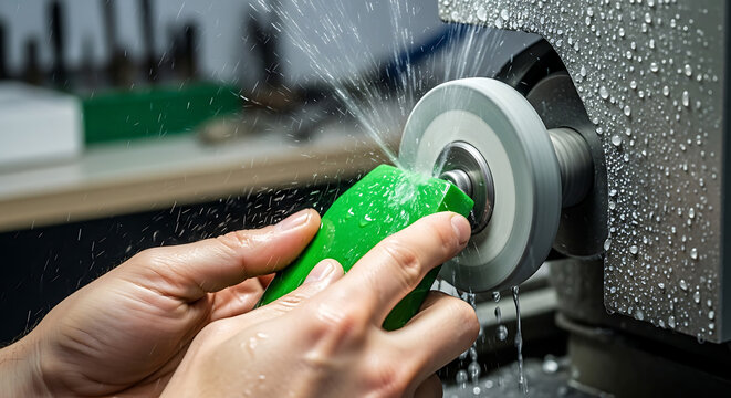 Close-up of hands operating a grinding machine with water spray in an industrial workshop environment