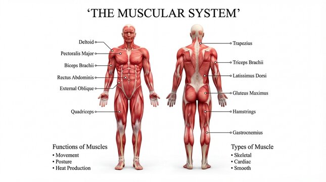 Detailed Illustration of the Human Muscular System with Labels and Annotations for Education Purposes