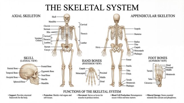 Detailed Illustration of the Human Skeletal System with Axial and Appendicular Components