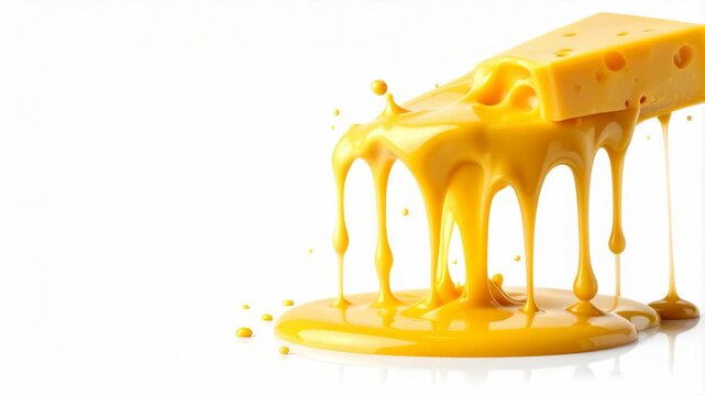 Melted cheese dripping from a block of swiss cheese onto a white background