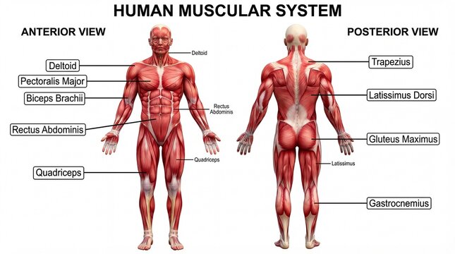 Detailed Anatomical Illustration of Human Muscular System with Anterior and Posterior Views