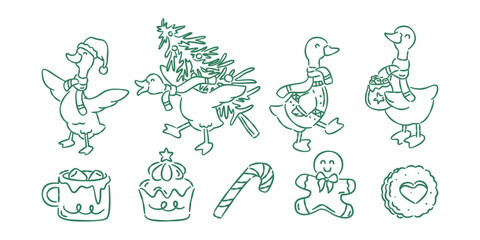 Christmas goose doodle set with cute festive elements like pine tree, gingerbread man, and cocoa in monoline style. © Illustartathome