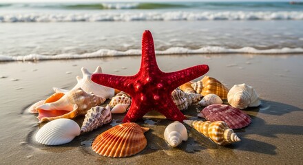 Red Starfish and Seashells on Sandy Beach.