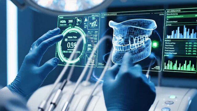 Close-up gloved hands monitoring AI dental surgery analytics and real-time feedback