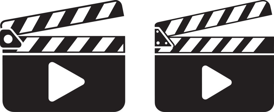 Two black and white clapper boards with play buttons, cinema and filmmaking icons
