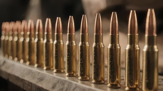Row of Bullets on Wooden Surface.
