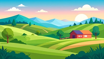 Cozy red barn in lush green countryside at golden sunset with rolling hills and trees