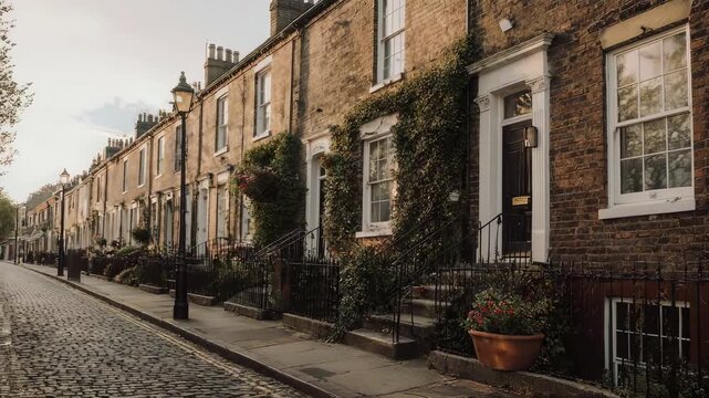 Row of Terraced Houses with Ivy on Facade.
