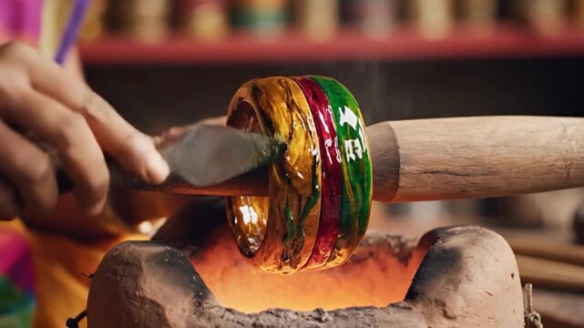 A person uses a tool to shape a colorful glass bangle over an open flame