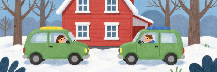 Winter cabin and green car
