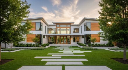 Modern luxury home with beautiful garden and pathway