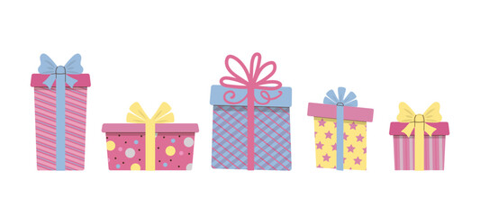 set Vector illustration of five colorful gift boxes with bows in various vibrant patterns and colors. Ideal for holiday, birthday, or celebration themes. Perfect for design projects.