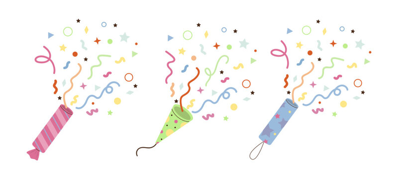 set Vector illustration showing three party poppers releasing colorful confetti and streamers into the air against a white background, perfect for celebration and party themes.