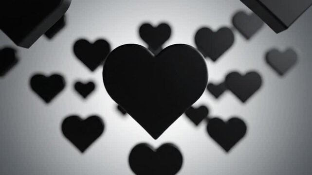 A grayscale image with floating black hearts of varying sizes, on a light to dark gradient background