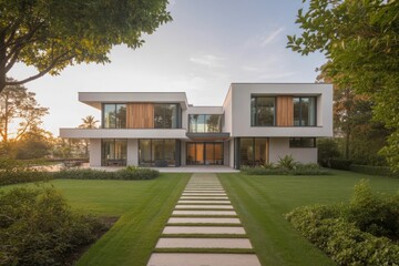 Modern white house with beautiful landscape