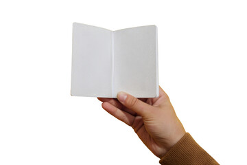 Hand holding open blank notebook with textured white pages against a vibrant yellow background, perfect for notes, sketches, or creative ideas.
