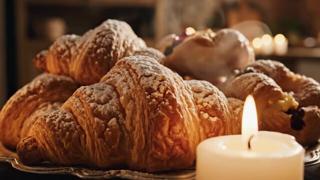 Pile of croissants dusted with powder sugar, next to candles, on a shiny plate, in warm light