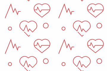 Repeating pattern of red heartbeats and electrocardiogram lines on white