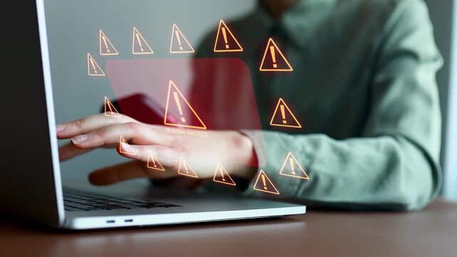 Person using laptop with warning signs indicating system has been hacked.