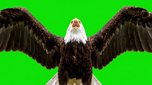 Majestic bald eagle with wings spread wide and open beak against a vibrant green screen background