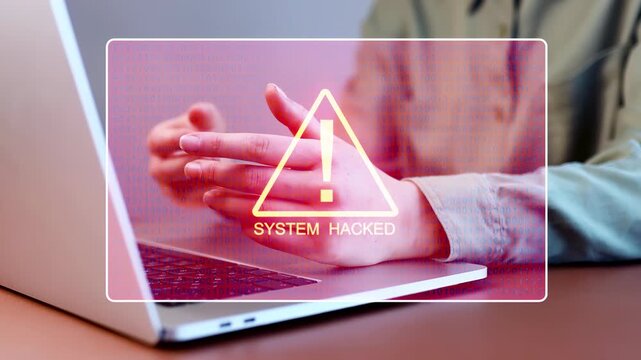 Computer screen shows warning about system breach with a person gesturing in concern in a home office setting.
