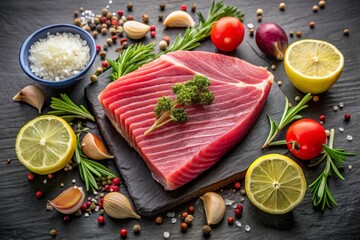 Tuna steak, slices, hero shot dark background