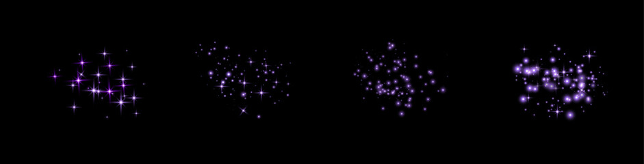 Purple glittering dots, particles, stars magic sparks set. Glow flare light effect. Violet luminous points. Vector particles on black background. © Elena