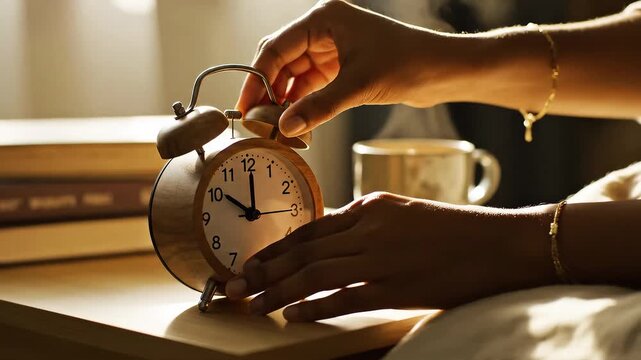Hands adjusting alarm clock for new day calm productivity concept
