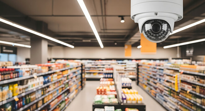 Surveillance camera monitors a well-stocked supermarket with rows of shelves and products from a high vantage point