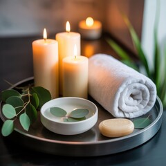 Relaxing spa essentials on a tray with candles and towel