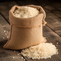 Rice in burlap sack on wooden surface
